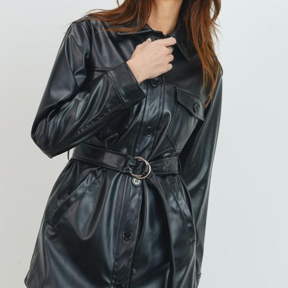 Sale! Black Faux Leather Belted Jacket Top - Picture 5 of 7